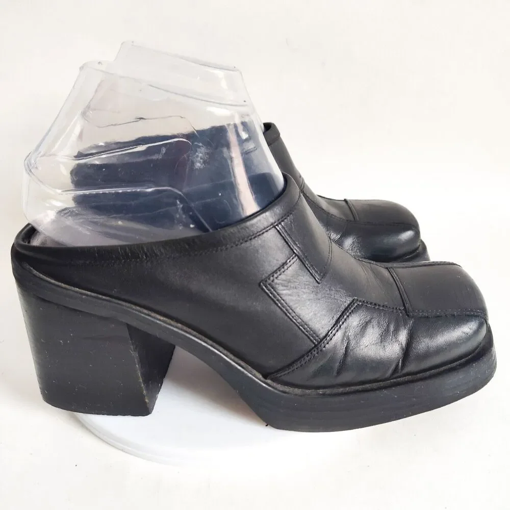 Vintage 90s Y2K Chunky Heels Black Skechers Patchwork Leather Mules Clogs Size 7
